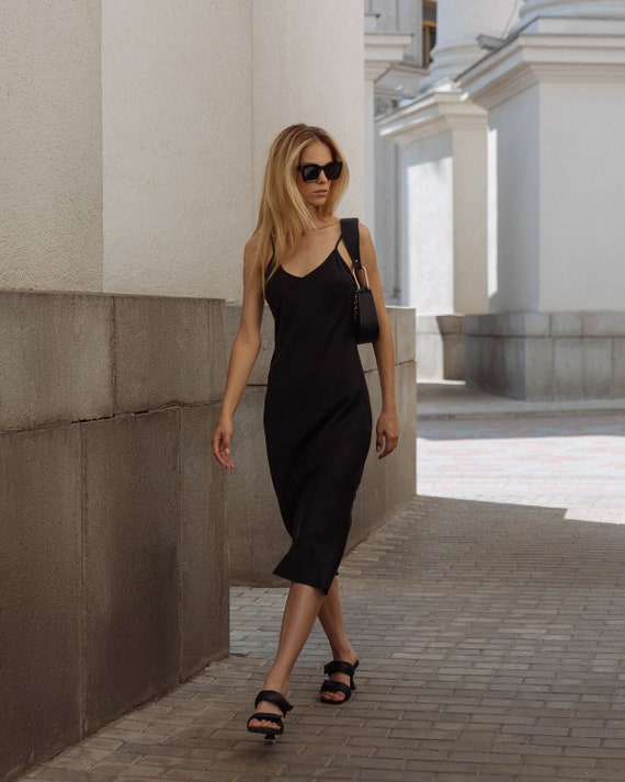 Black Silk Slip Dress Midi Black Sandwashed Silk Dress Bias Cut