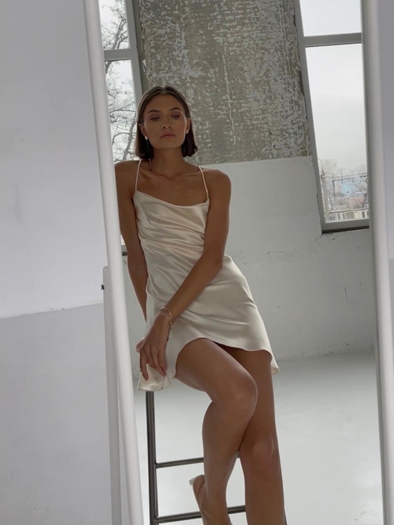 white silk mini dress