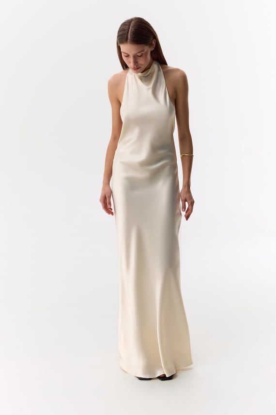 white silk dress halter neck top wedding Backless ivory maxi dress gown 100% silk dress High bias cut cami slip Open back butter-cream dress DROP_MAY26-RESTOCK
