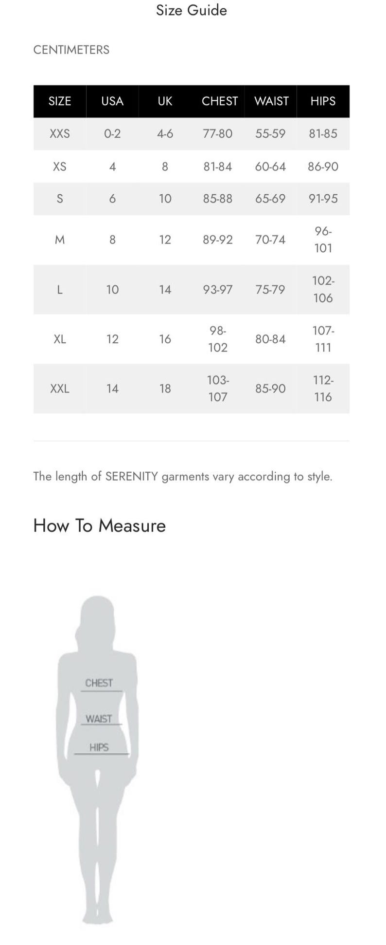 Puede incluir: Una tabla de gu&iacute;a de tallas con el encabezado Size Guide y Centimeters, que muestra columnas para talla, EE. UU., Reino Unido, pecho, cintura y caderas en cent&iacute;metros. Debajo hay un diagrama de una silueta humana etiquetado How To Measure.