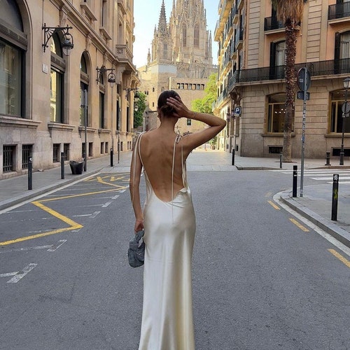 Low Back Dress, Butter long Slip Dress Fully Lined, Creamy bias cut maxi prom Dress 90s, Pure silk Dress, Wedding Guest Gown