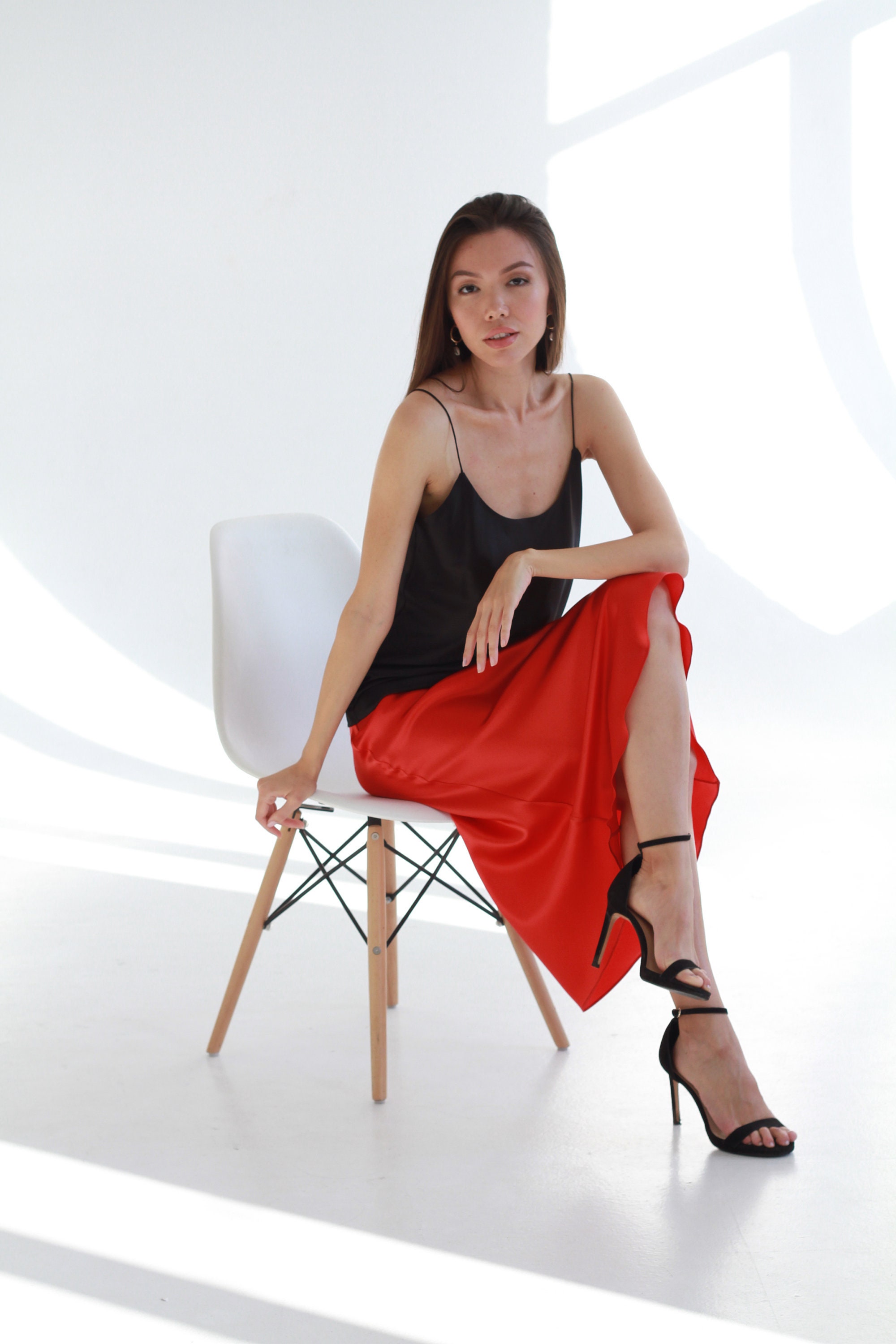 red silk skirt outfit