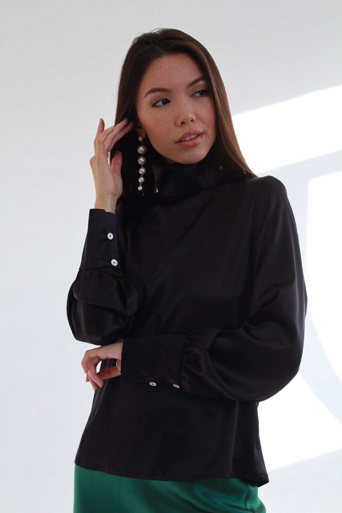 Flowy long sleeve silk blouse Creamy turtleneck silk top Silk Etsy