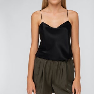 Straight neck silk silk-satin camisole top Silk top Silk camisole Sleeveless vest tank shirt Silk clothing Silk basics