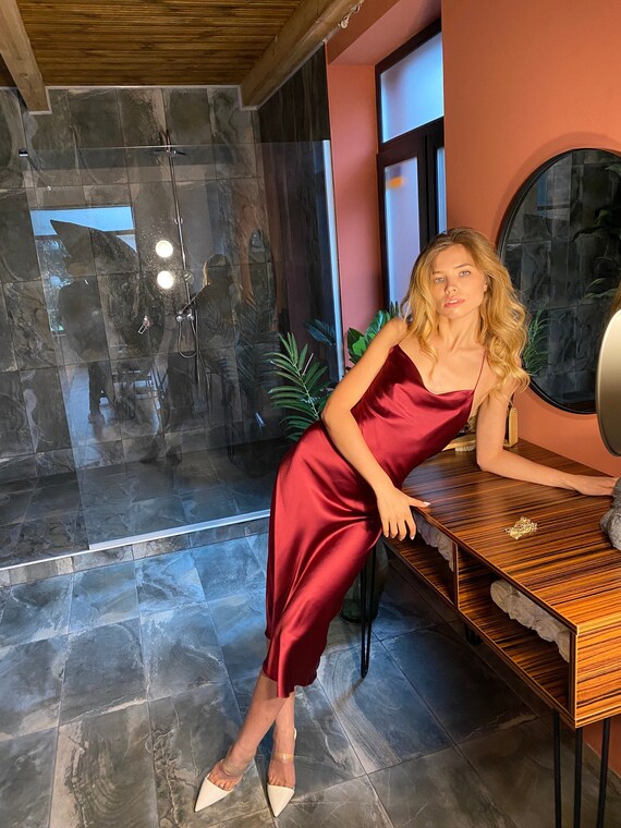 red silk cami dress