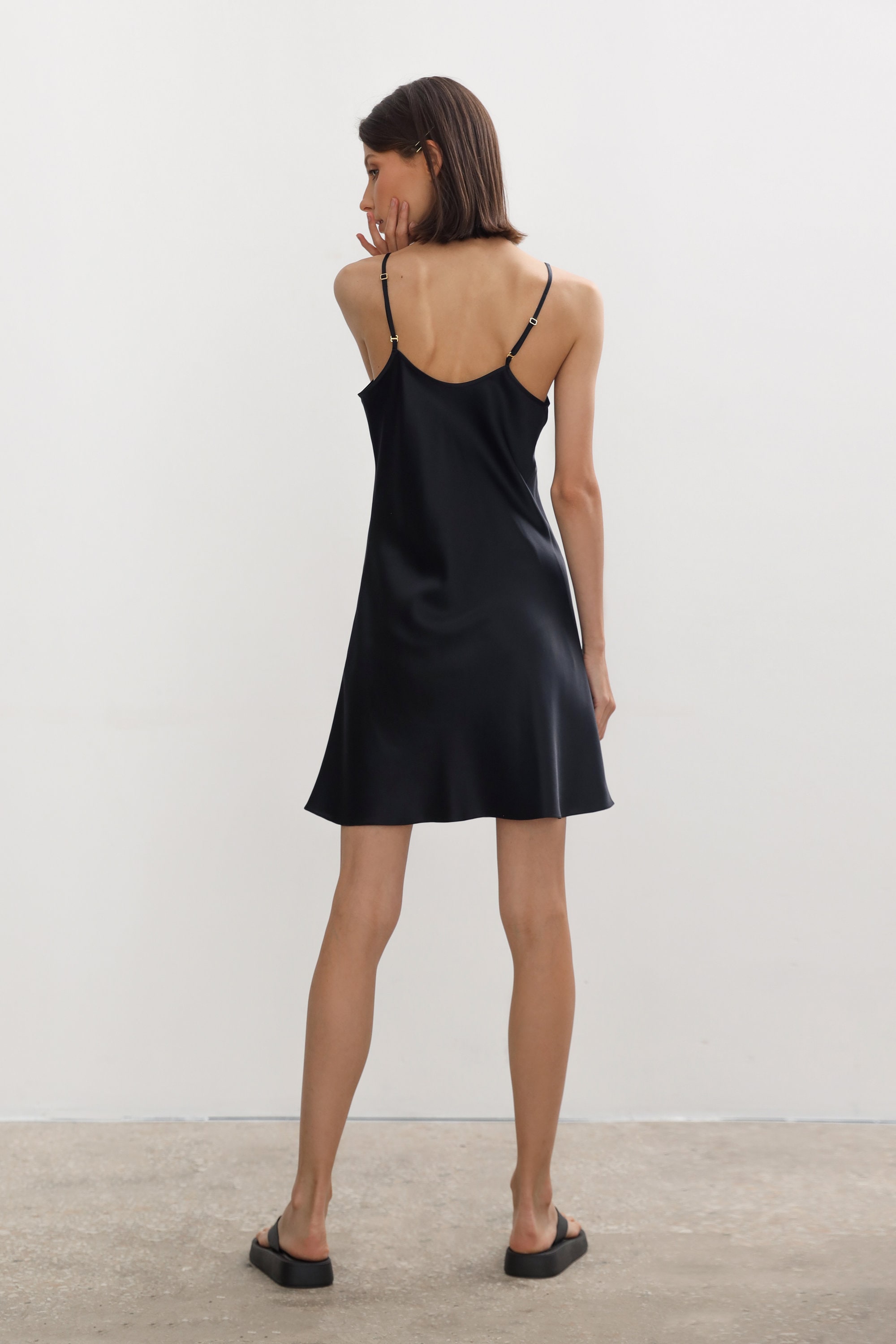 black silk slip dress