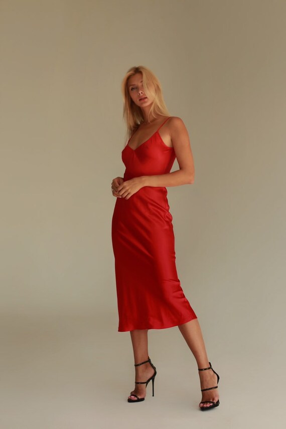 V-neck silk slip dress midi Stretch 