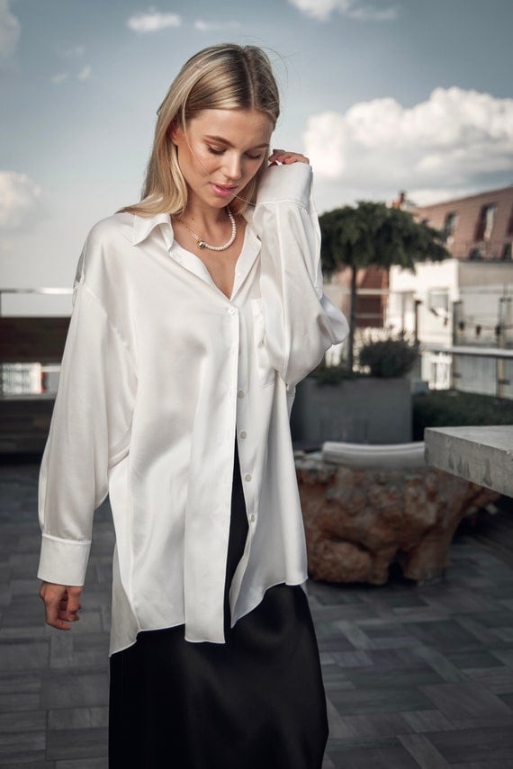 100% Silk Shirt Oversized Silk Blouse White Shirt Boyfriend Long Silk Top  Button up Silk Shirt for Women Long Sleeve Silk Blouse Relaxed Fit -   Norway