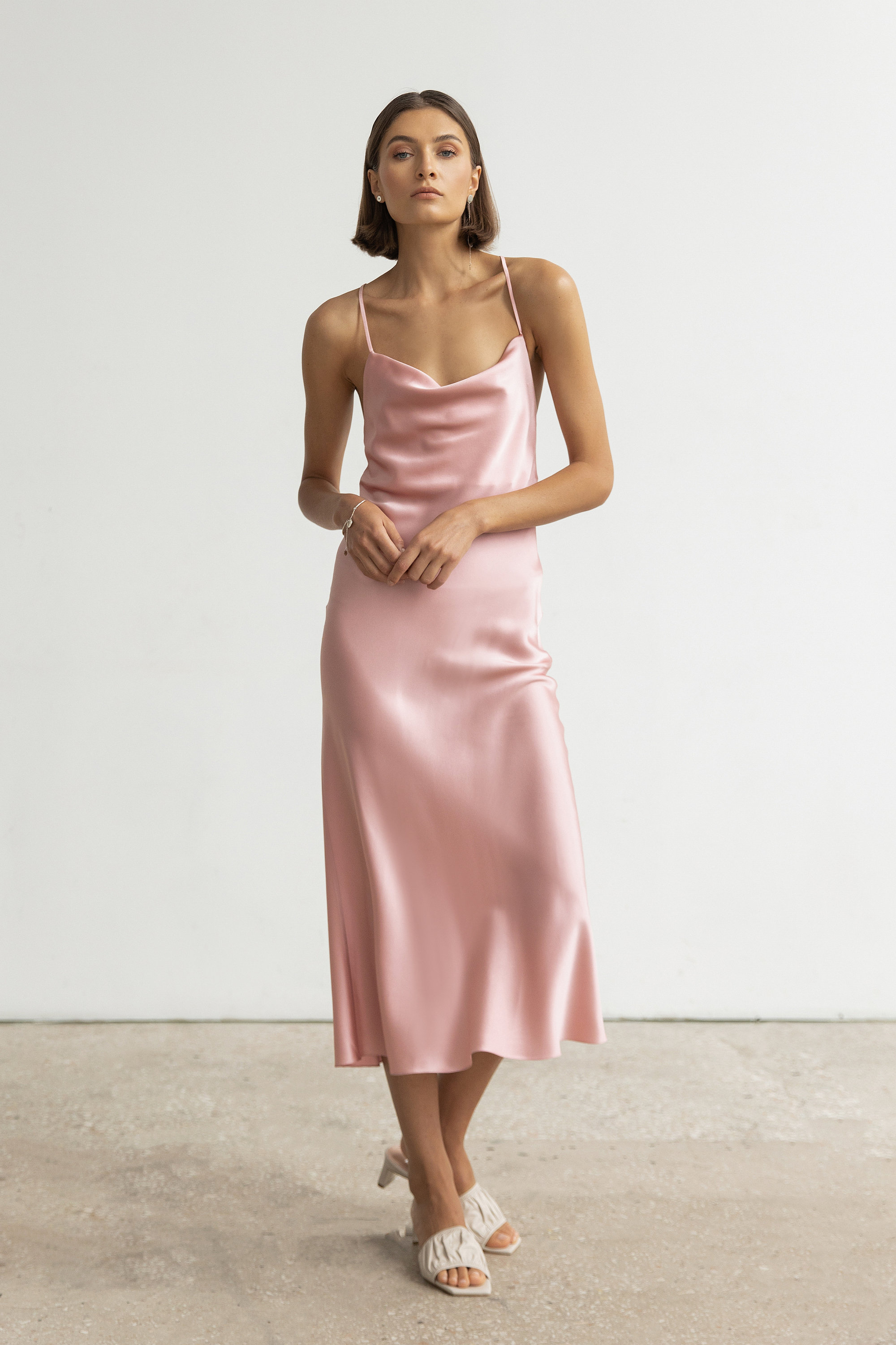 Cowl neck silk slip dress midi Bias cut 