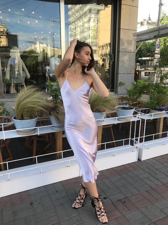 lavender satin slip dress