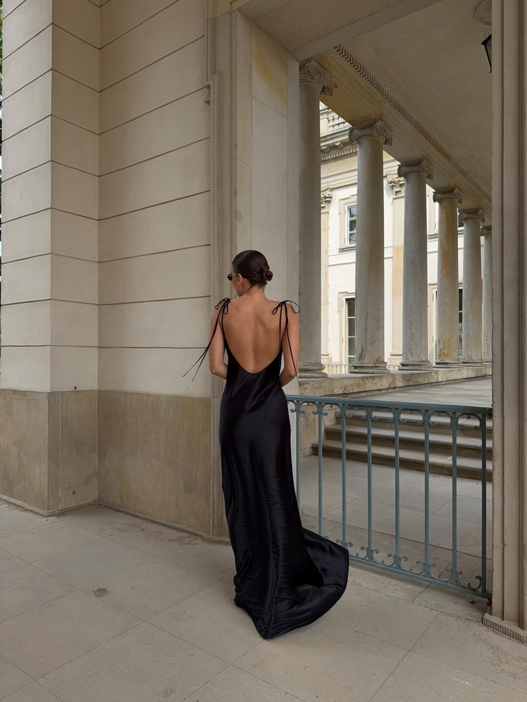 backless black silk dress slip satin bias cut formal gown w low back Pure mulberry 100% Silk maxi dress Simple elegant wedding guest dress White Sequin Beaded Backless Spring Color:Caramel Imported.