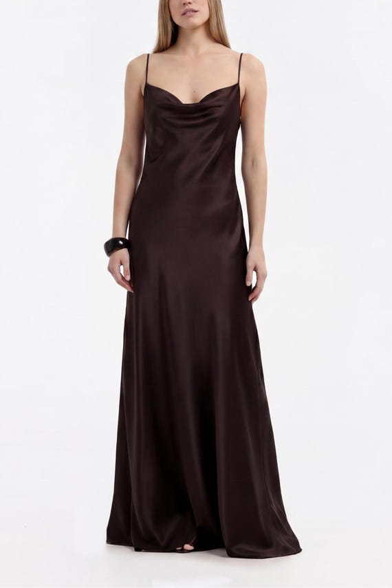 brown satin backless dress Brown Crinkle Satin Dress - Brown Maxi Dress - Backless Maxi