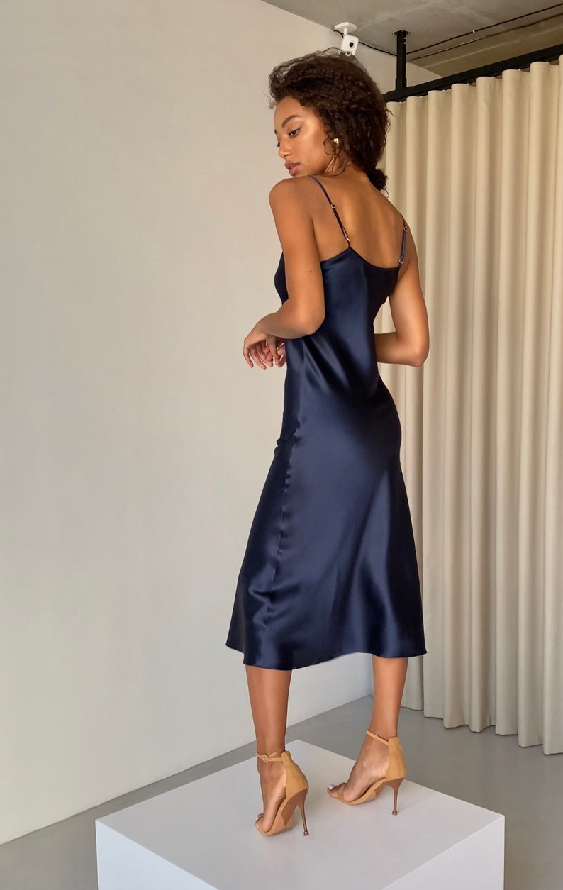 V-neck silk slip dress midi Navy blue silk dress bias cut | Etsy