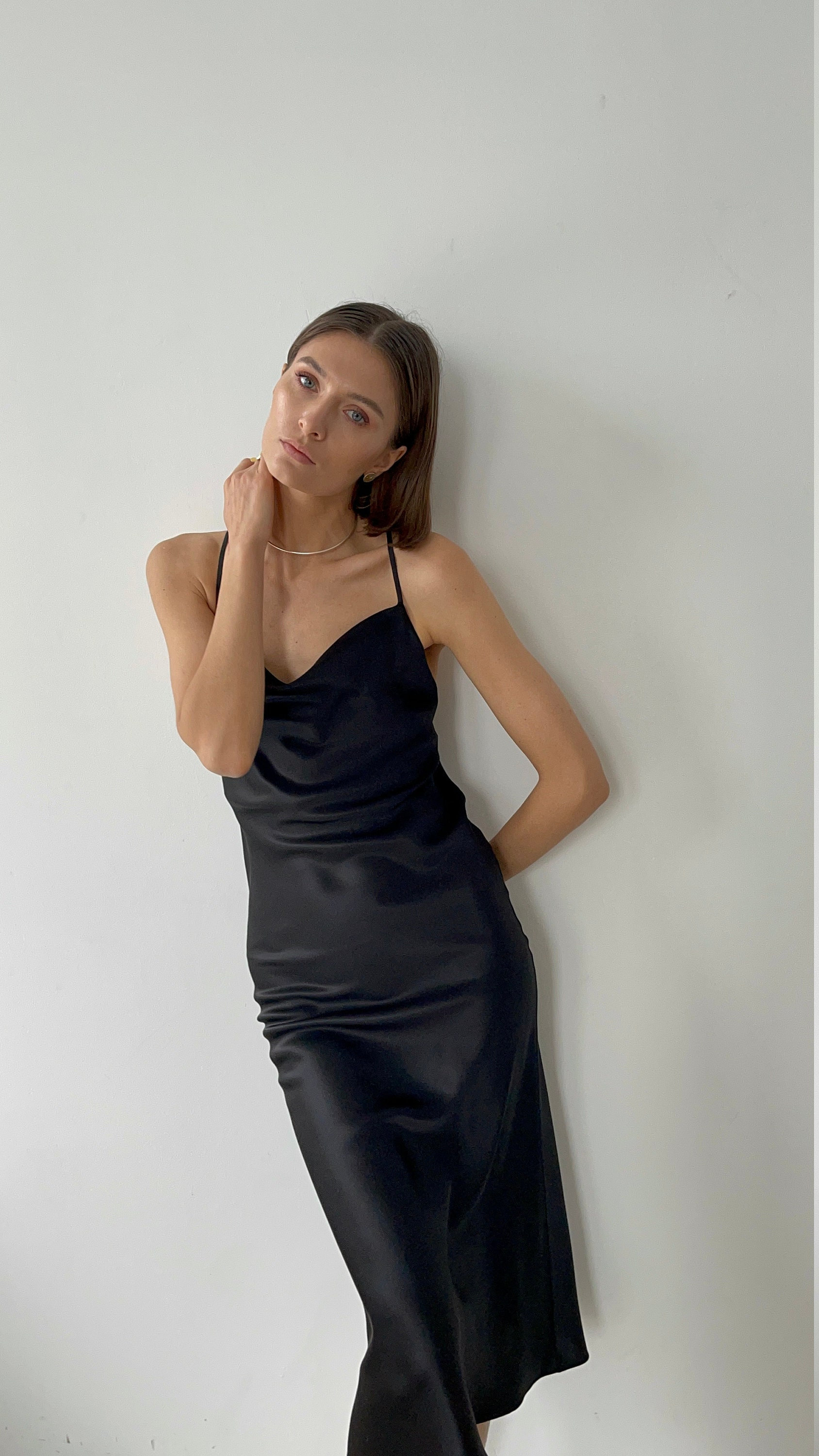 Black Silk Slip Dress Black Midi 100 