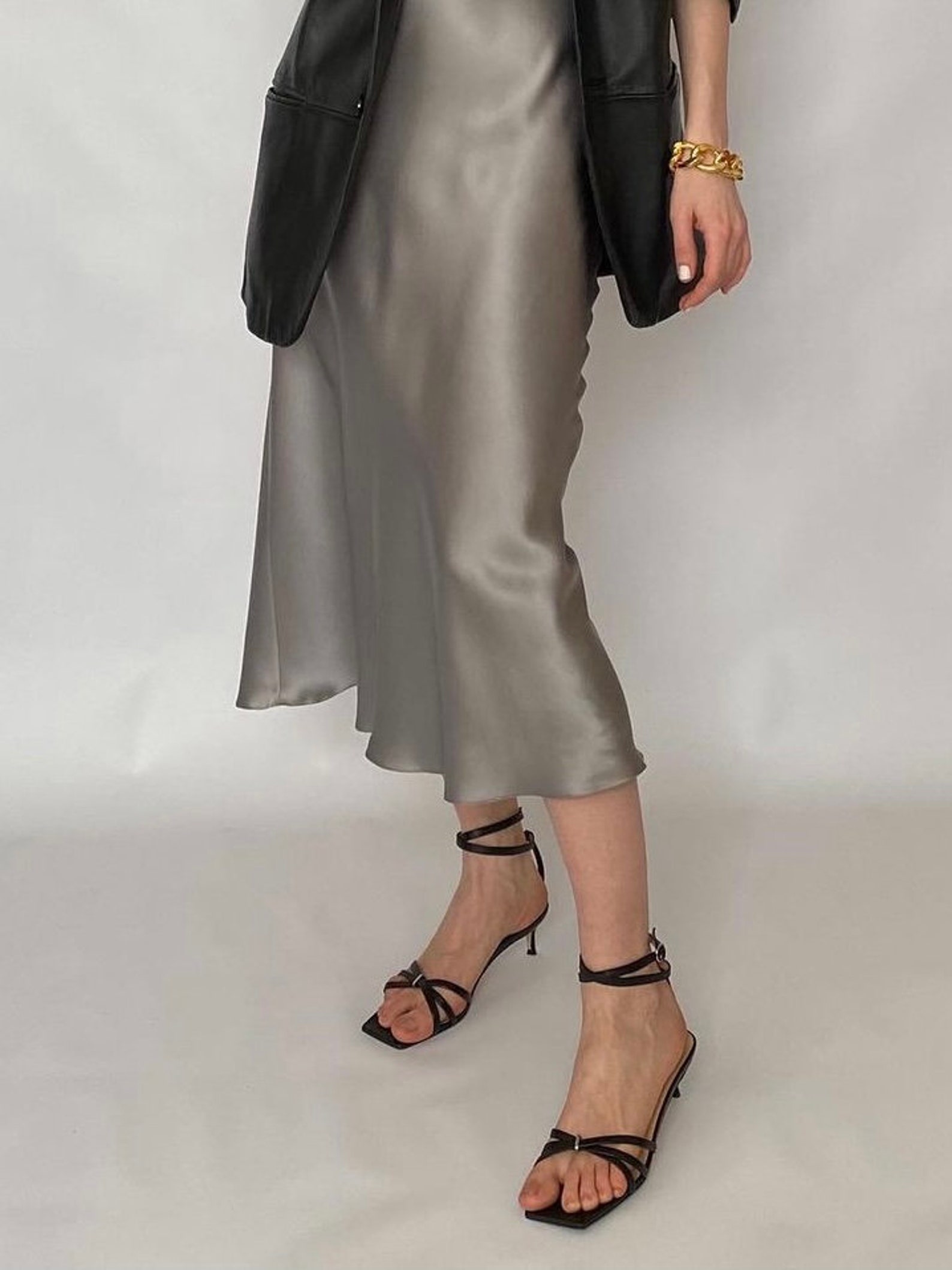 Grey silk midi skirt bias cut Silver gray silk satin slip Etsy