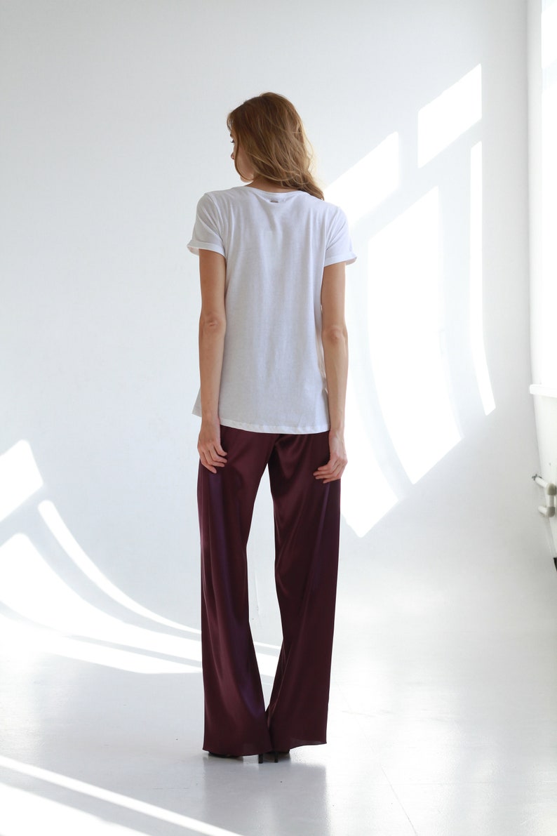 Plum silk satin trousers High-waisted khaki silk pants Long palazzo pants Wide-leg pants