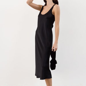 Black silk satin slip tank dress midi 100% silk image 3