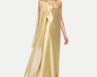 100% Mulberry Silk Chiffon Scarf Wrap | Champagne Gold Luxury Shawl | Oversized Evening Wrap | Wedding Guest Gala Shawl