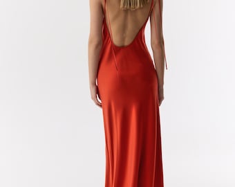 open lace back dress Red Backless Silk Slip Dress Red / Xs main image 0