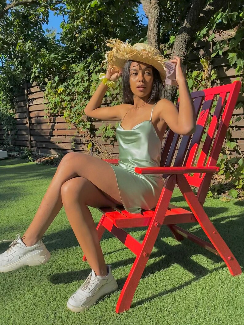 Short silk slip dress sage green Mini slip dress pistachio | Etsy