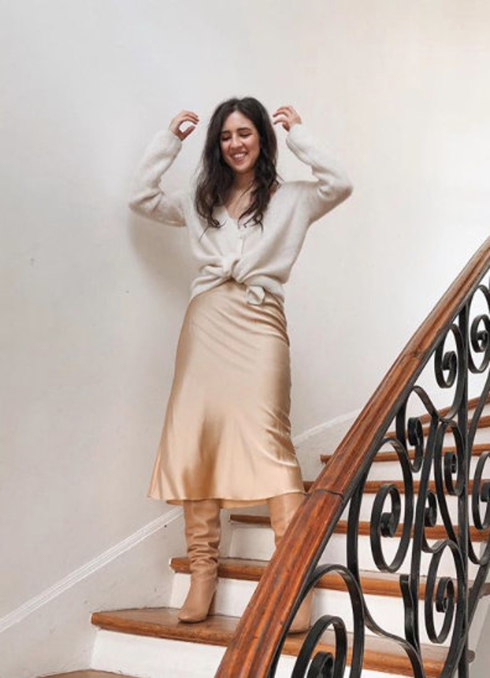 Champagne silk slip skirt midi Gold beige silk satin skirt Etsy