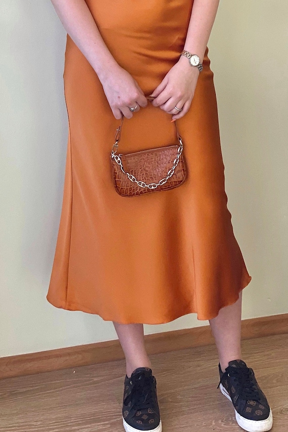 rust silk slip dress