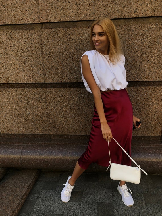 Wine Silk Slip Skirt Midi Burgundy 