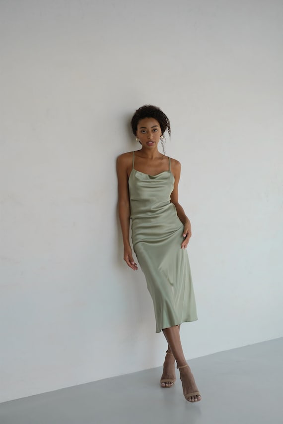 Silk Slip Dress Sage Green Dress Midi Bias Cut Cowl Neck Etsy