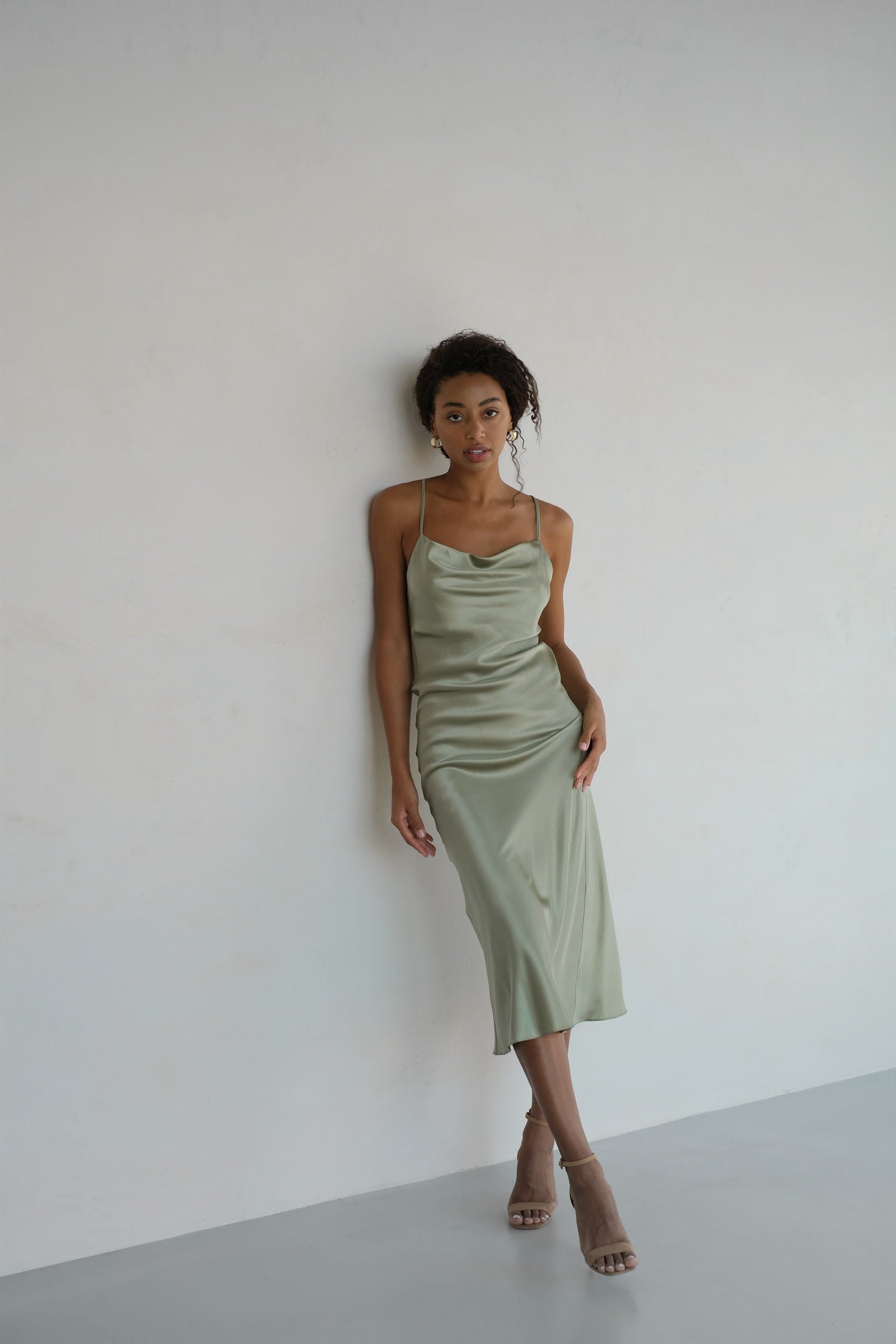 Silk Slip Dress Sage Green Dress Midi ...