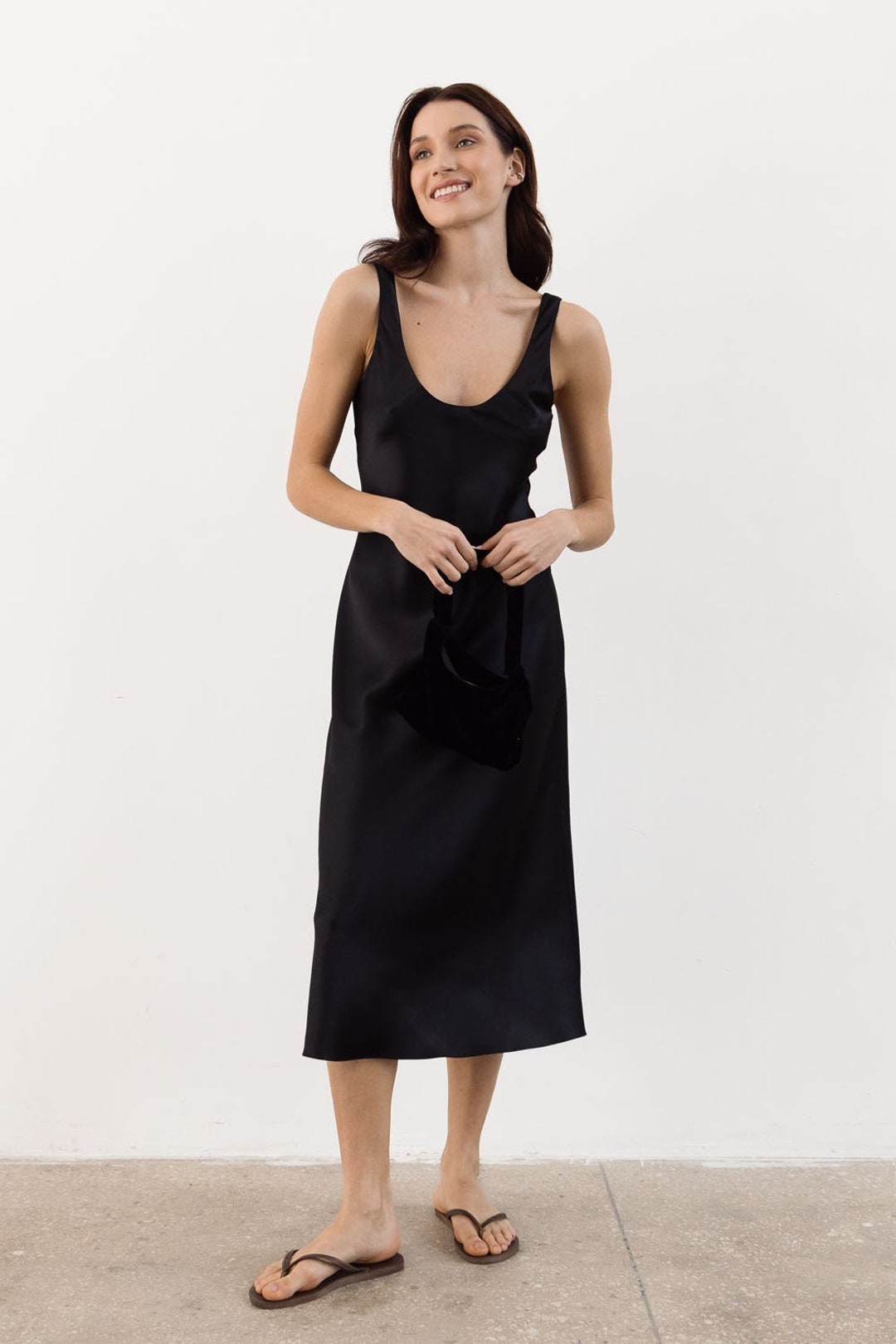 Black Silk Satin Slip Tank Dress Midi 100 Silk Etsy