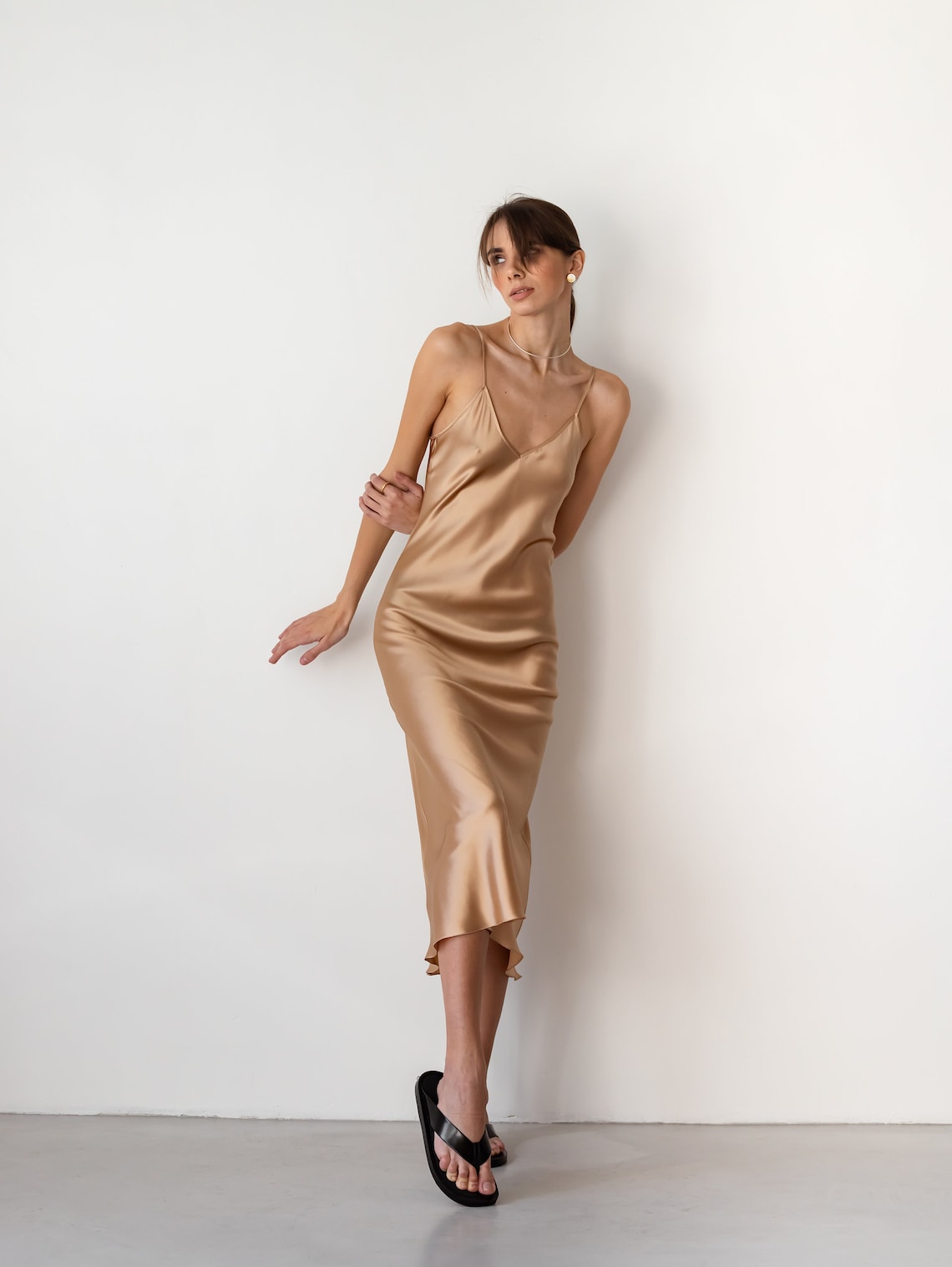 Gold Vneck silk slip dress midi 100 silk dress gold beige Etsy