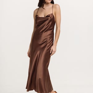 Elegant Chocolate Brown mulberry silk satin midi slip on dress with cowl neck and open back