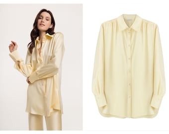 Pale yellow silk satin blouse Women silk shirt lemon Long sleeve top Womens button down shirt Summer silk suit w shirt Wedding guest Basics