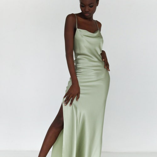 Sage green bridesmaid dress Green silk slip dress Sage green satin maxi gown Pure silk green prom dress floor length low back cowl neckUSA