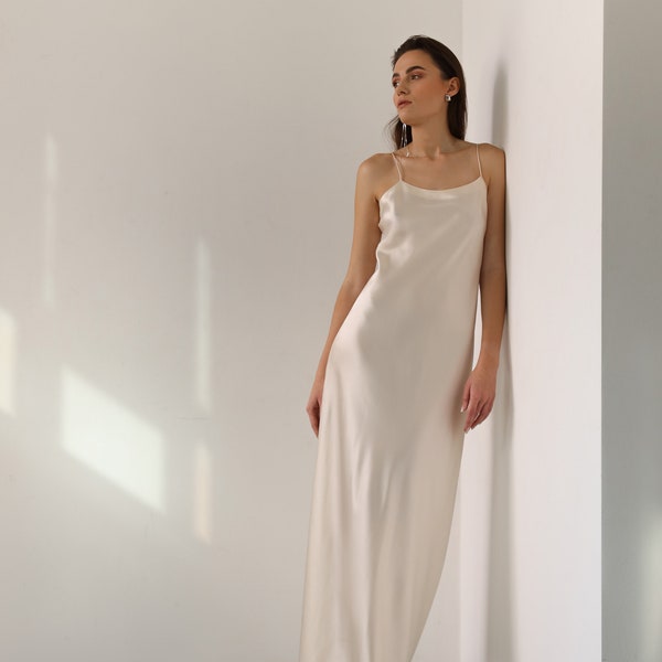 100% silk dress floor length Minimal silk wedding dress Creamy white gown bias cut Cream silk slip dress maxi Creamy white silk dress slip