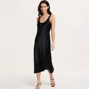 Black silk satin tank dress midi - 100% silk slip dress 90s style Yuna
