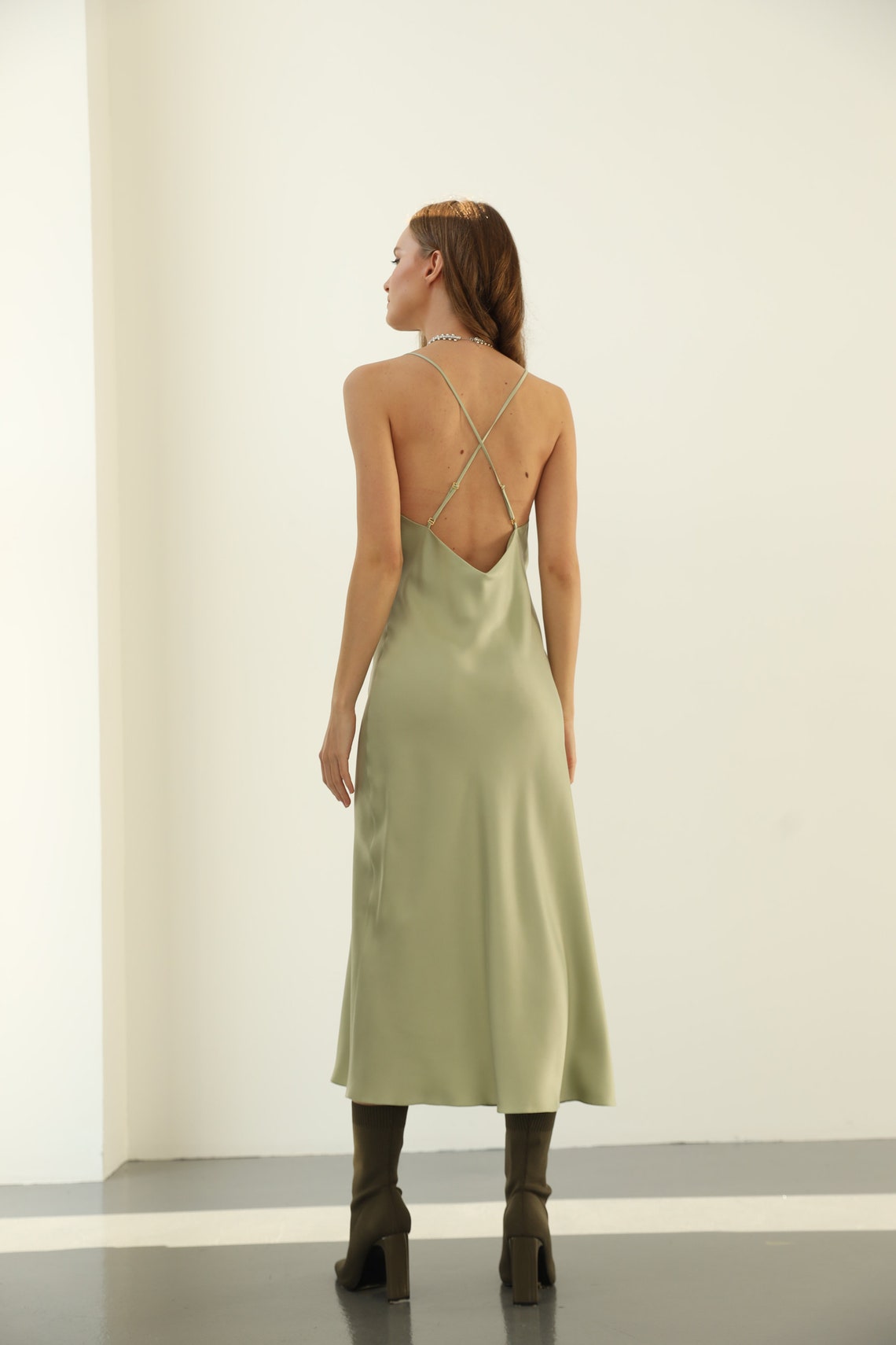 100 Silk Slip Dress Sage Green Dress Midi Bias Cut Cowl Neck Etsy