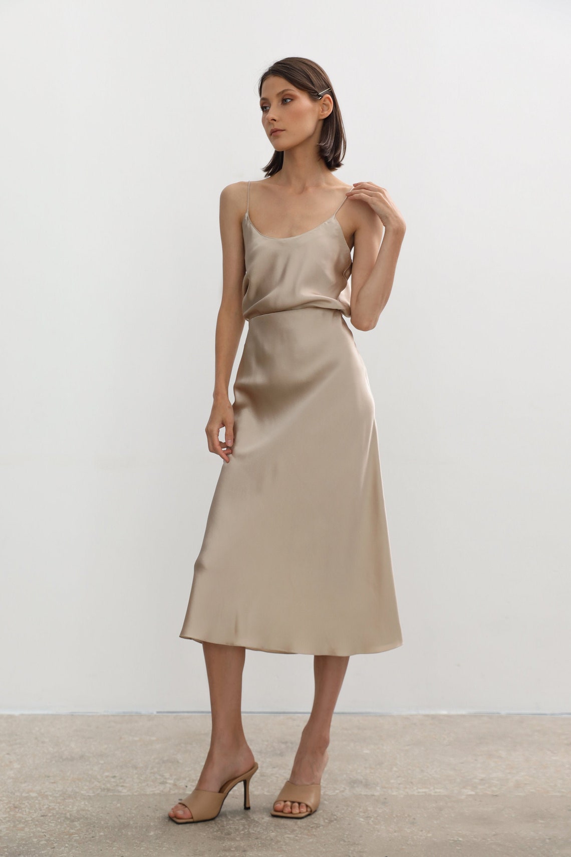 Oyster silk satin skirt bias cut Beige silk slip skirt midi Etsy