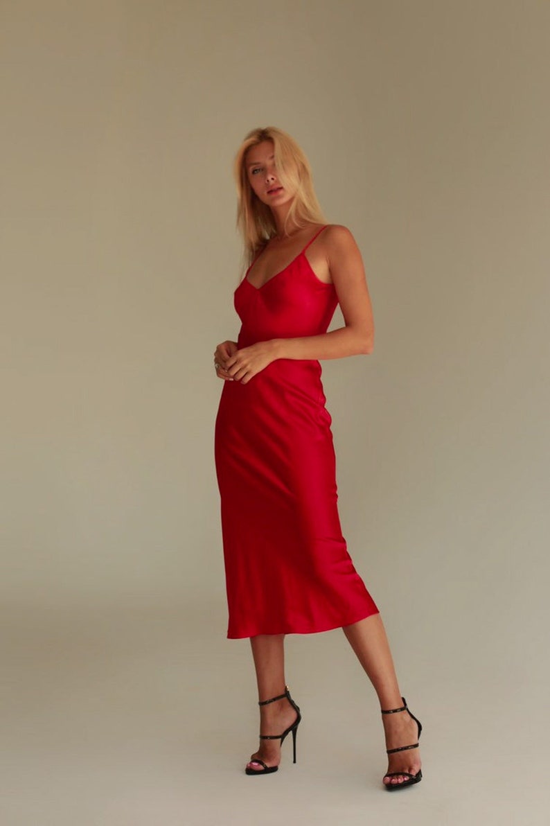 Vneck silk slip dress midi in red samba 100 silk dress red Etsy