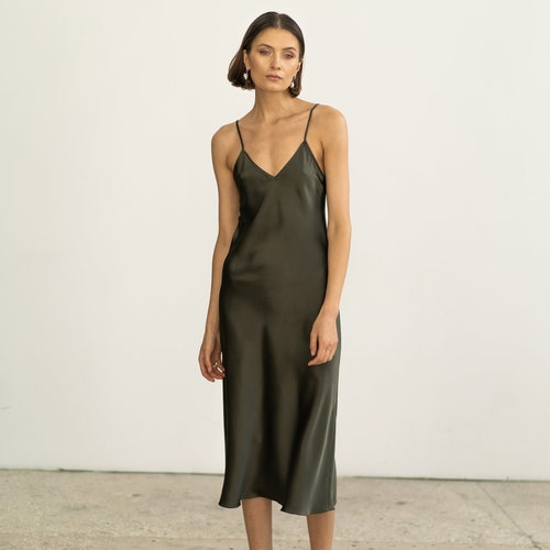 Cypress Silk Slip Dress Dark Green Silk 