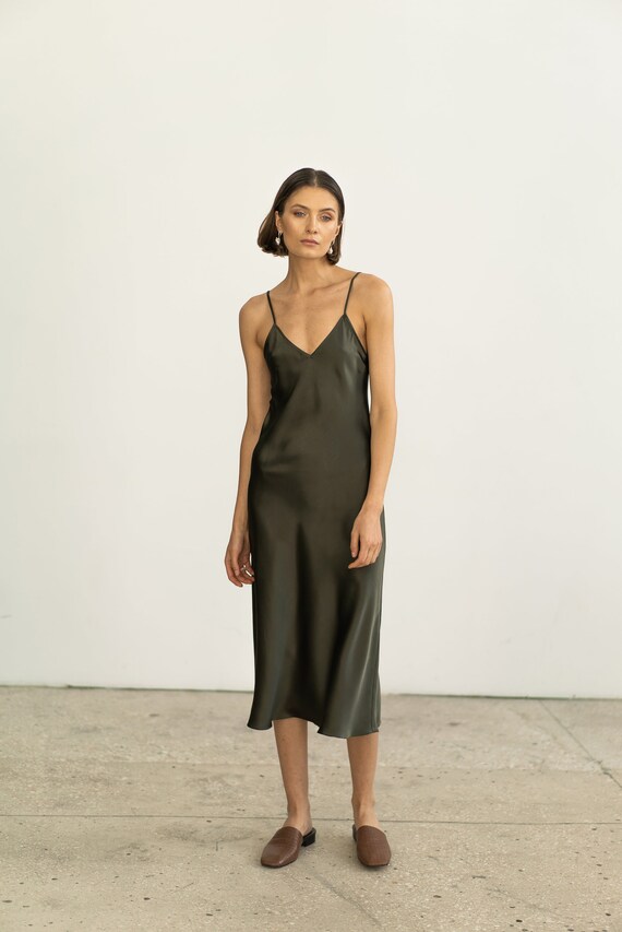 Cypress Silk Slip Dress Dark Green Silk 
