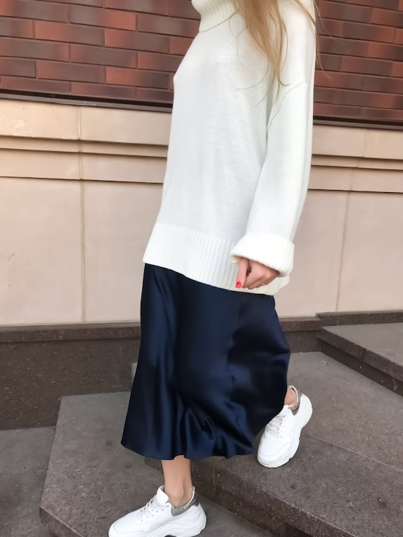 Navy satin sales slip skirt