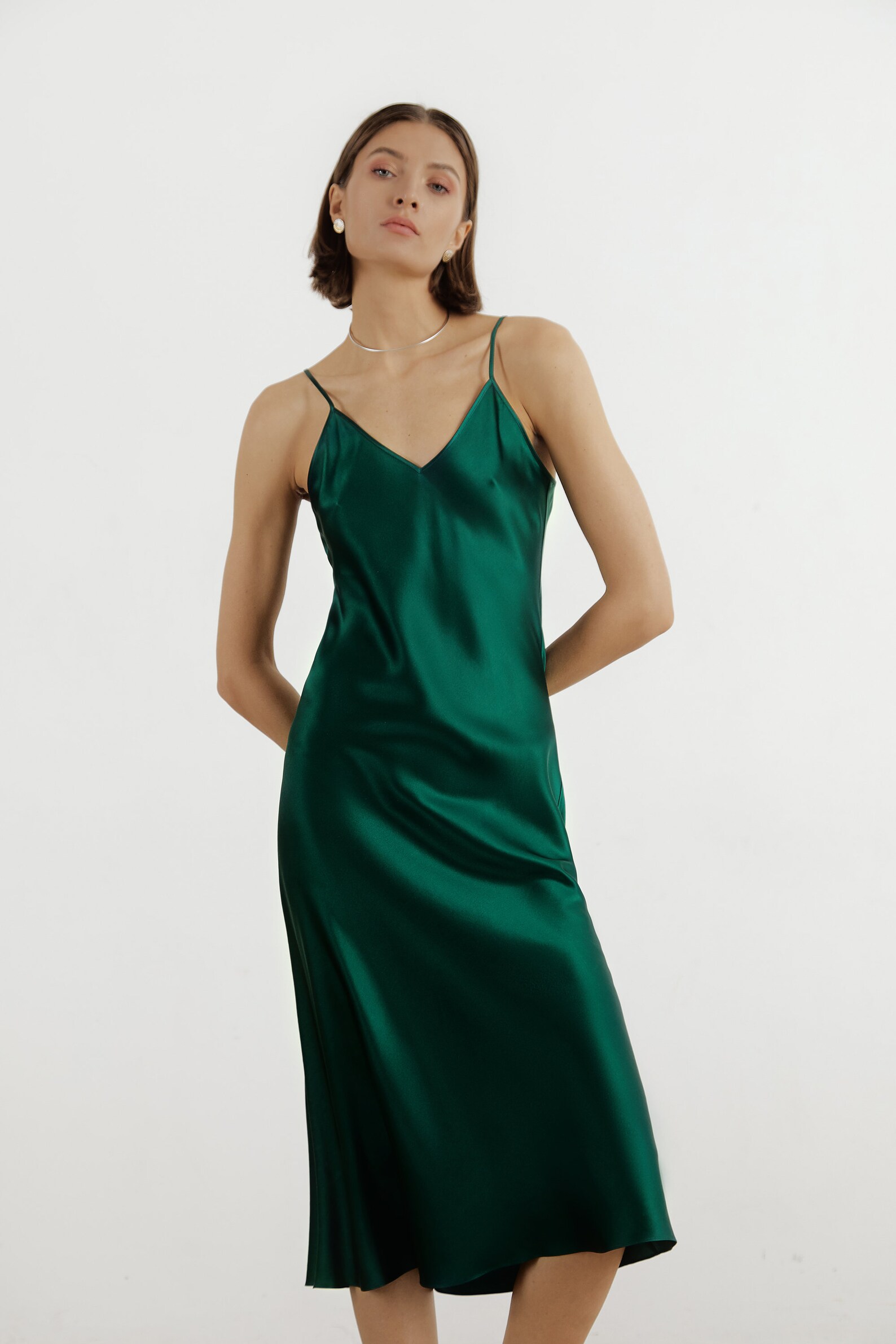 Green silk slip dress midi bias cut 100 silk bridesmaid dress Etsy