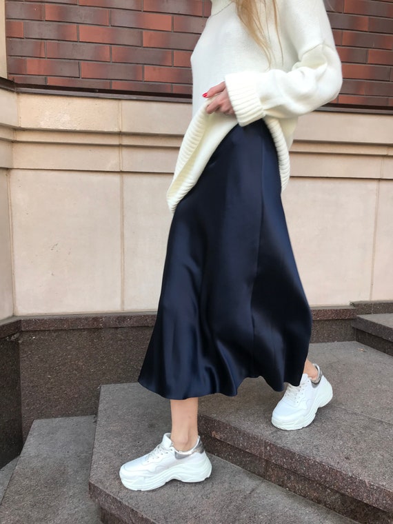 navy silk slip skirt