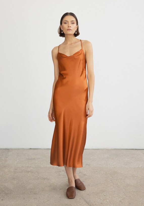 100% Silk Dress in Rust Cowl Neck Silk Slip Dress Midi Copper | Etsy