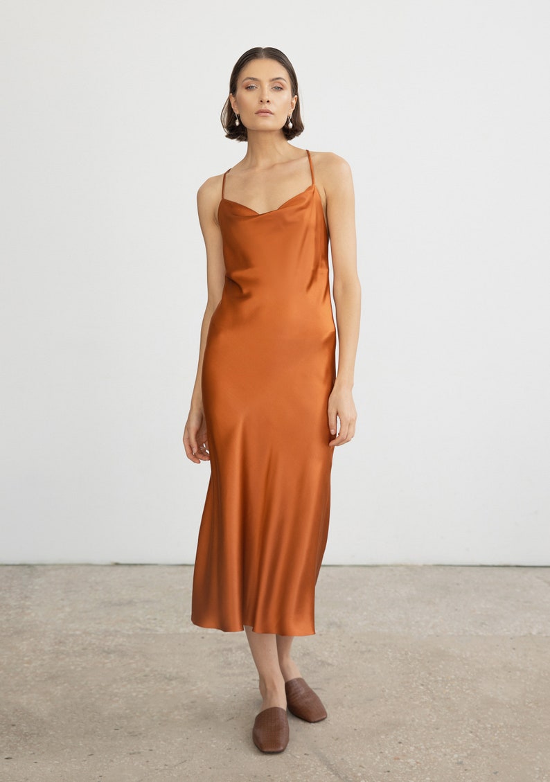 100 Silk Dress in Rust Cowl Neck Silk Slip Dress Midi Copper Etsy UK