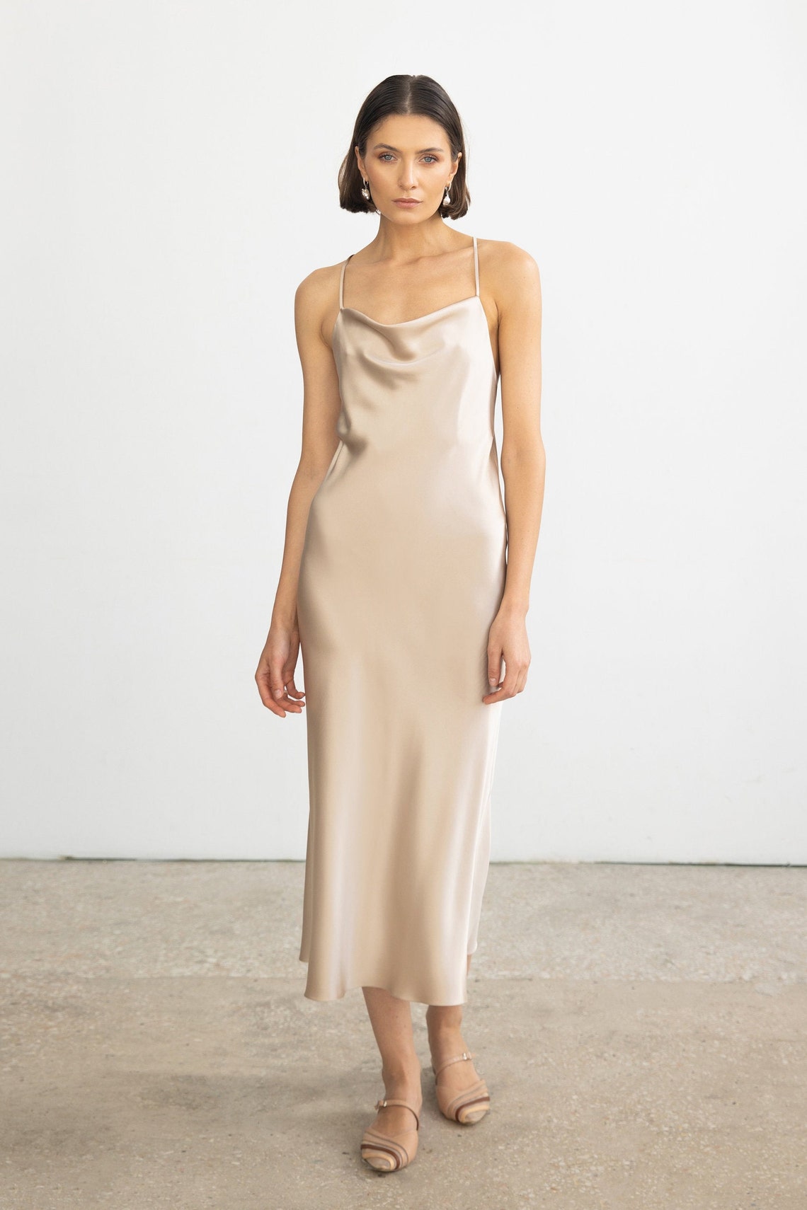 Cowl neck silk slip dress midi Bias cut silk dress Cream dress Etsy