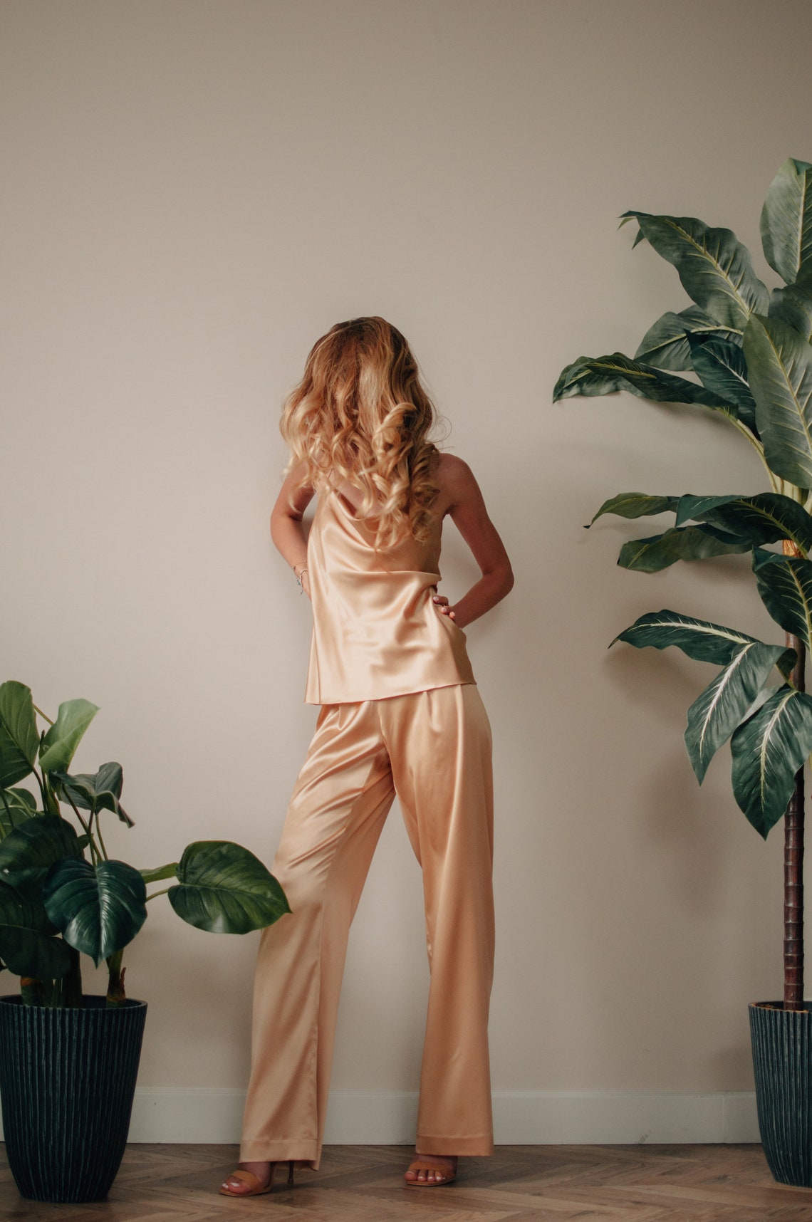 Gold silk pants Middle waisted gold beige silk trousers long Etsy