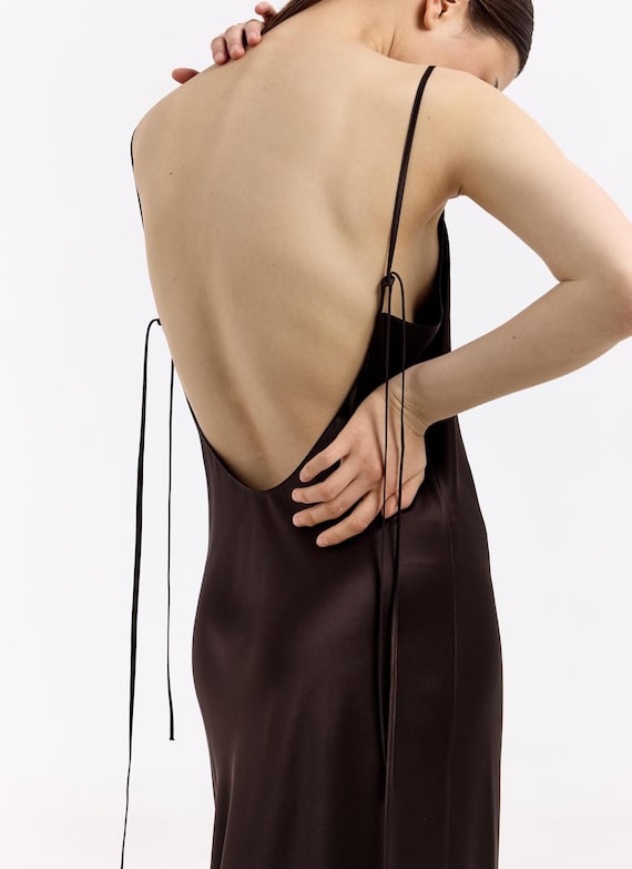 brown satin backless dress Slip backless dress Dark brown satin bias cut gown Pure mulberry 100% silk maxi formal dress with cowl neck Simple wedding guest dress