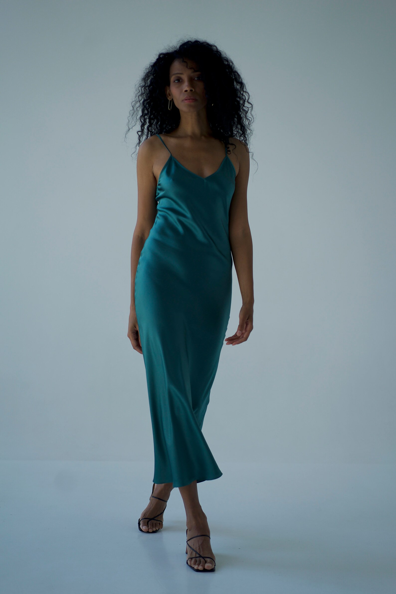Bias teal green silk slip dress midi Teal slip satin dress Etsy